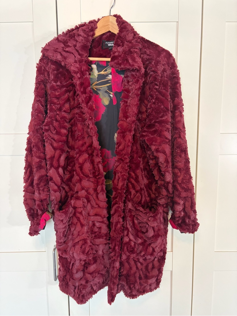 Johnny Was Burgundy Teddy Jacket with Floral Trim W